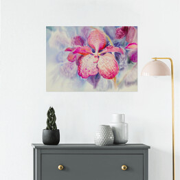 Plakat Różowy kwiat orchidei na niebieskim tle