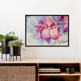 Plakat w ramie Różowy kwiat orchidei na niebieskim tle