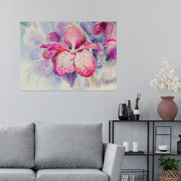 Plakat samoprzylepny Różowy kwiat orchidei na niebieskim tle