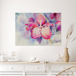 Plakat Różowy kwiat orchidei na niebieskim tle