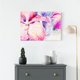 Obraz na płótnie Niebieskie i różowe kwiaty orchidei na białym stole