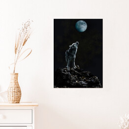 Plakat Siedzący samotny wilk wyjący do księżyca