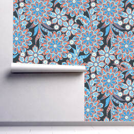 Tapeta winylowa zmywalna w rolce Perskie dekoracje - motyw kwiatowy w kolorach niebieskim i czarwonym