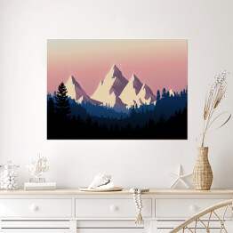 Plakat samoprzylepny Pejzaż górski na tle różowego nieba