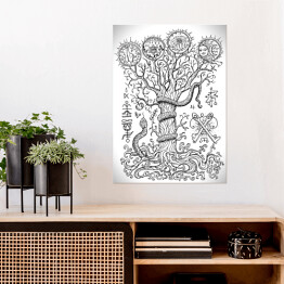 Plakat samoprzylepny Biało czarna ilustracja z drzewem i mistycznymi znakami