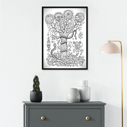 Plakat w ramie Biało czarna ilustracja z drzewem i mistycznymi znakami