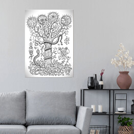 Biało czarna ilustracja z drzewem i mistycznymi znakami