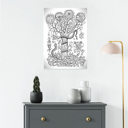 Plakat Biało czarna ilustracja z drzewem i mistycznymi znakami