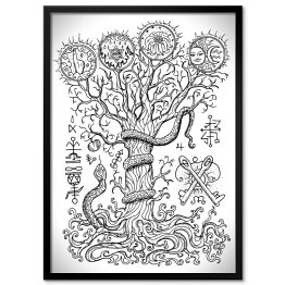 Biało czarna ilustracja z drzewem i mistycznymi znakami