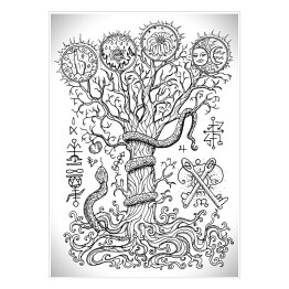 Plakat Biało czarna ilustracja z drzewem i mistycznymi znakami