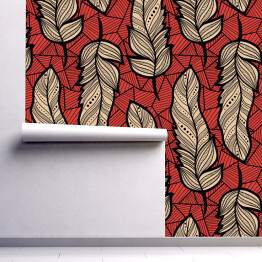 Tapeta winylowa zmywalna w rolce Zdobione piora w stylu boho na czerwonym mozaikowym tle 