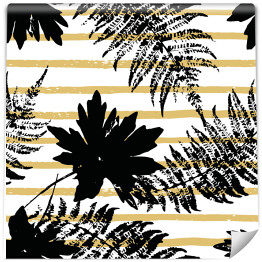 Tapeta samoprzylepna w rolce Abstrakcja - jesienny wzór z liści na tle w złote pasy