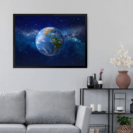 Obraz w ramie Planeta ziemia w kosmosie - ilustracja w niebieskich barwach