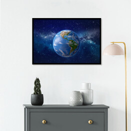 Plakat w ramie Planeta ziemia w kosmosie - ilustracja w niebieskich barwach