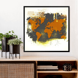 Obraz w ramie Pomarańczowa mapa świata na szarym tle