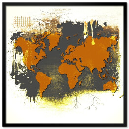 Plakat w ramie Pomarańczowa mapa świata na szarym tle