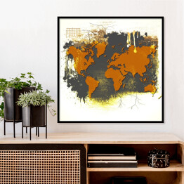 Plakat w ramie Pomarańczowa mapa świata na szarym tle