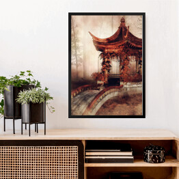 Obraz w ramie Orientalna altana z mostem i jesiennym bluszczem