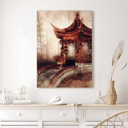 Obraz na płótnie Orientalna altana z mostem i jesiennym bluszczem