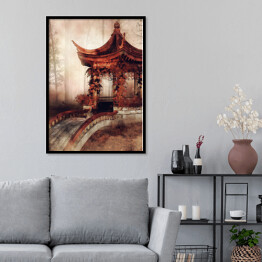 Plakat w ramie Orientalna altana z mostem i jesiennym bluszczem