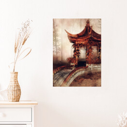 Plakat samoprzylepny Orientalna altana z mostem i jesiennym bluszczem