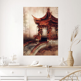Plakat samoprzylepny Orientalna altana z mostem i jesiennym bluszczem
