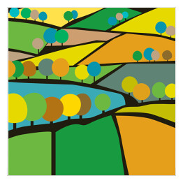 Plakat samoprzylepny Ilustracja wiejskiego krajobrazu, pola i drzewa 