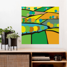 Plakat samoprzylepny Ilustracja wiejskiego krajobrazu, pola i drzewa 