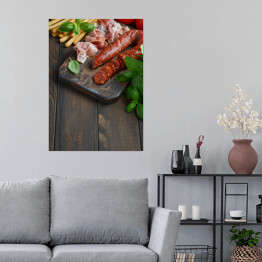 Plakat samoprzylepny Hiszpańska tradycyjna kiełbasa chorizo z świeżymi ziołami i pomidorami