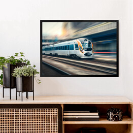 Obraz w ramie Szybki pociąg w ruchu na stacji kolejowej