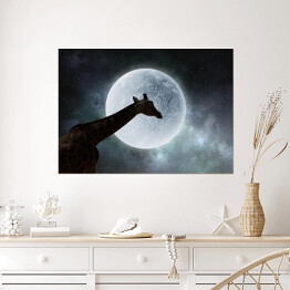 Plakat Żyrafa w nocy na tle księżyca