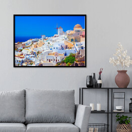 Plakat w ramie Santorini w upalny dzień, Grecja