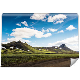Fototapeta samoprzylepna Lato - krajobraz z zieloną górą, chmurami i niebieskim niebem, Islandia