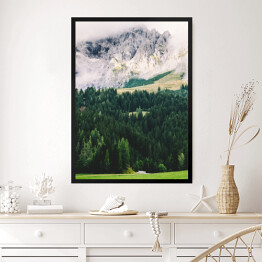 Obraz w ramie Widok na góry z lasem i łąką w dolinie