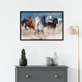 Plakat w ramie Stado wielobarwnych koni w pustynnej burzy piaskowej