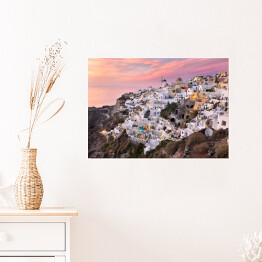 Plakat Różowy zachód słońca na Santorini