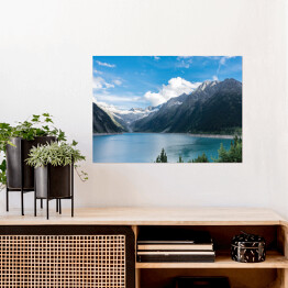 Plakat samoprzylepny Jezioro w Alpach z lodowcem w tle