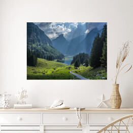 Plakat samoprzylepny Jezioro Seealpsee w Szwajcarii otoczone górami