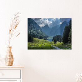 Plakat Jezioro Seealpsee w Szwajcarii otoczone górami
