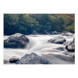 Plakat Strumień rzeki rozbijający się o skały w lesie