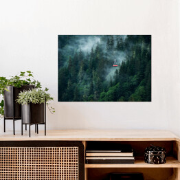 Plakat Kolejka górska w chmurach nad zamglonym lasem