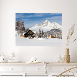 Plakat Alpejskie drewniane domy w austriackich Alpach