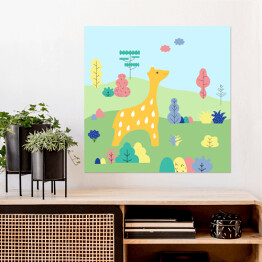 Plakat samoprzylepny Żyrafa w otoczeniu innych zwierząt - ilustracja