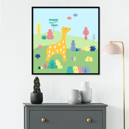 Plakat w ramie Żyrafa w otoczeniu innych zwierząt - ilustracja