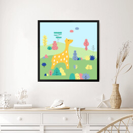 Obraz w ramie Żyrafa w otoczeniu innych zwierząt - ilustracja