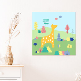 Plakat samoprzylepny Żyrafa w otoczeniu innych zwierząt - ilustracja