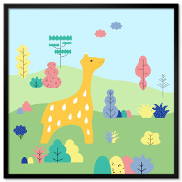 Plakat w ramie Żyrafa w otoczeniu innych zwierząt - ilustracja