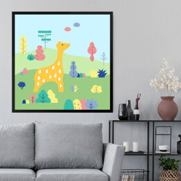 Obraz w ramie Żyrafa w otoczeniu innych zwierząt - ilustracja