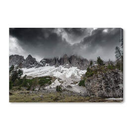 Obraz na płótnie Las i ośnieżone góry, Dolomity w pochmurny dzień