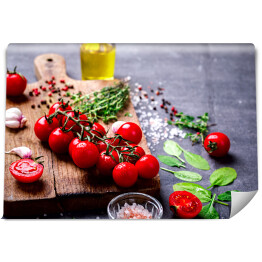 Fototapeta Oliwa z oliwek, pomidory i przyprawy